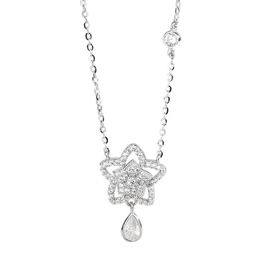 Starlit Dew Star Pendant Necklace with Teardrop Zircon in S925 Sterling Silver