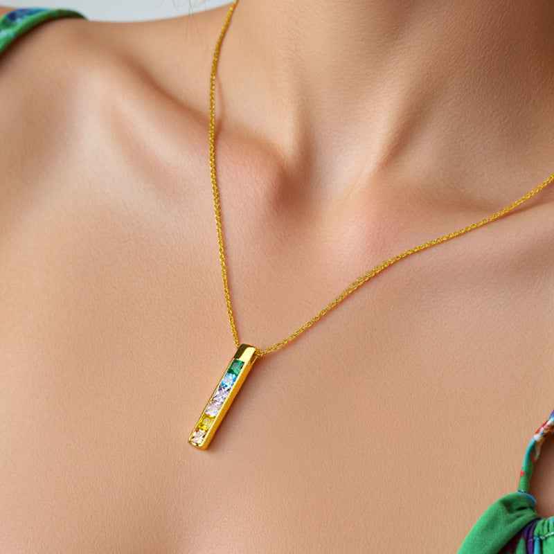Prism Column Rainbow Zircon Bar Necklace 925 Sterling Silver Pendant