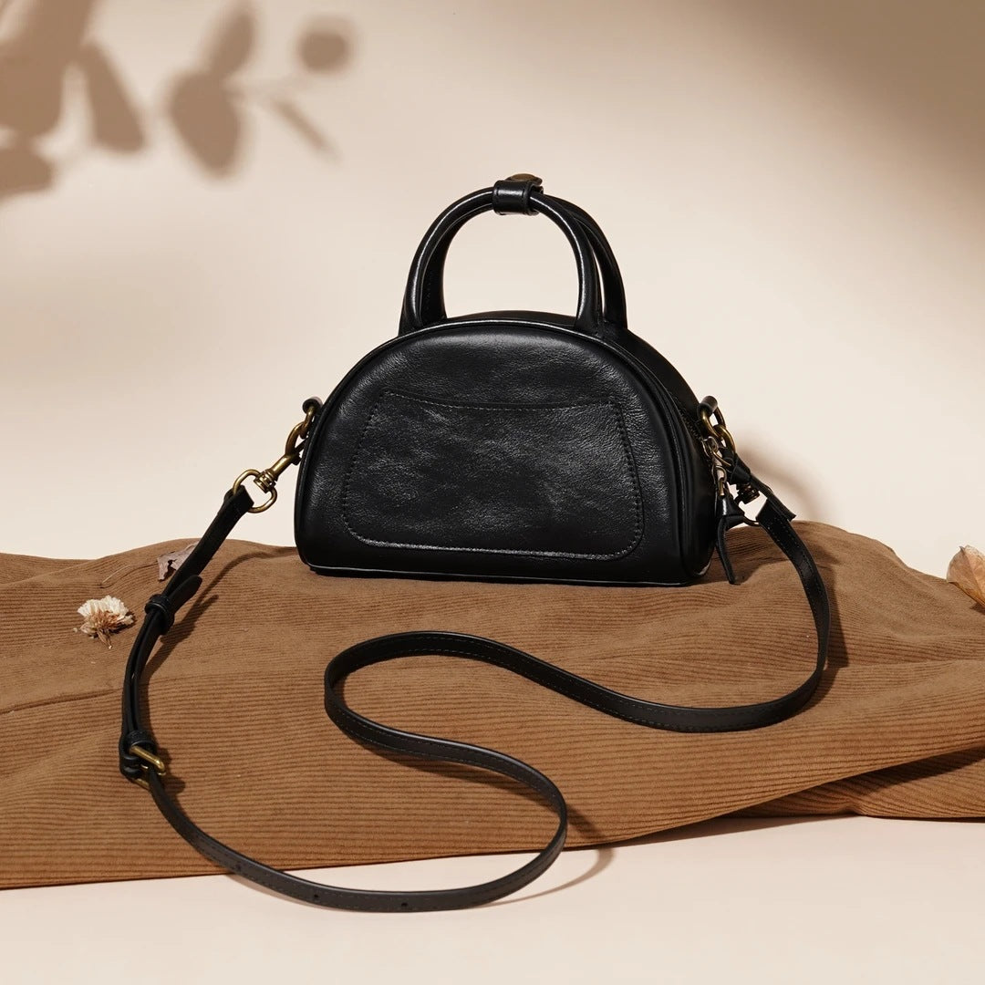 Women's Oil-Waxed Cowhide Mini Dome Boston Bag