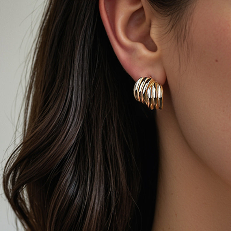 “Triple Stripe Muse” S925 Sterling Silver Three-Layer Crossover Stud Earrings