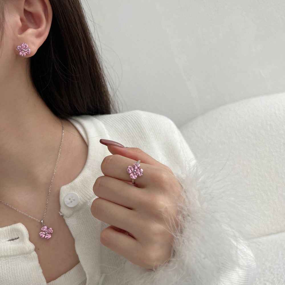 925 Sterling Silver Sakura Heart Pink Zircon Jewelry Set Necklace Ring Earrings