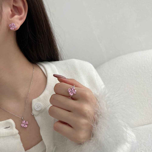 925 Sterling Silver Sakura Heart Pink Zircon Jewelry Set Necklace Ring Earrings