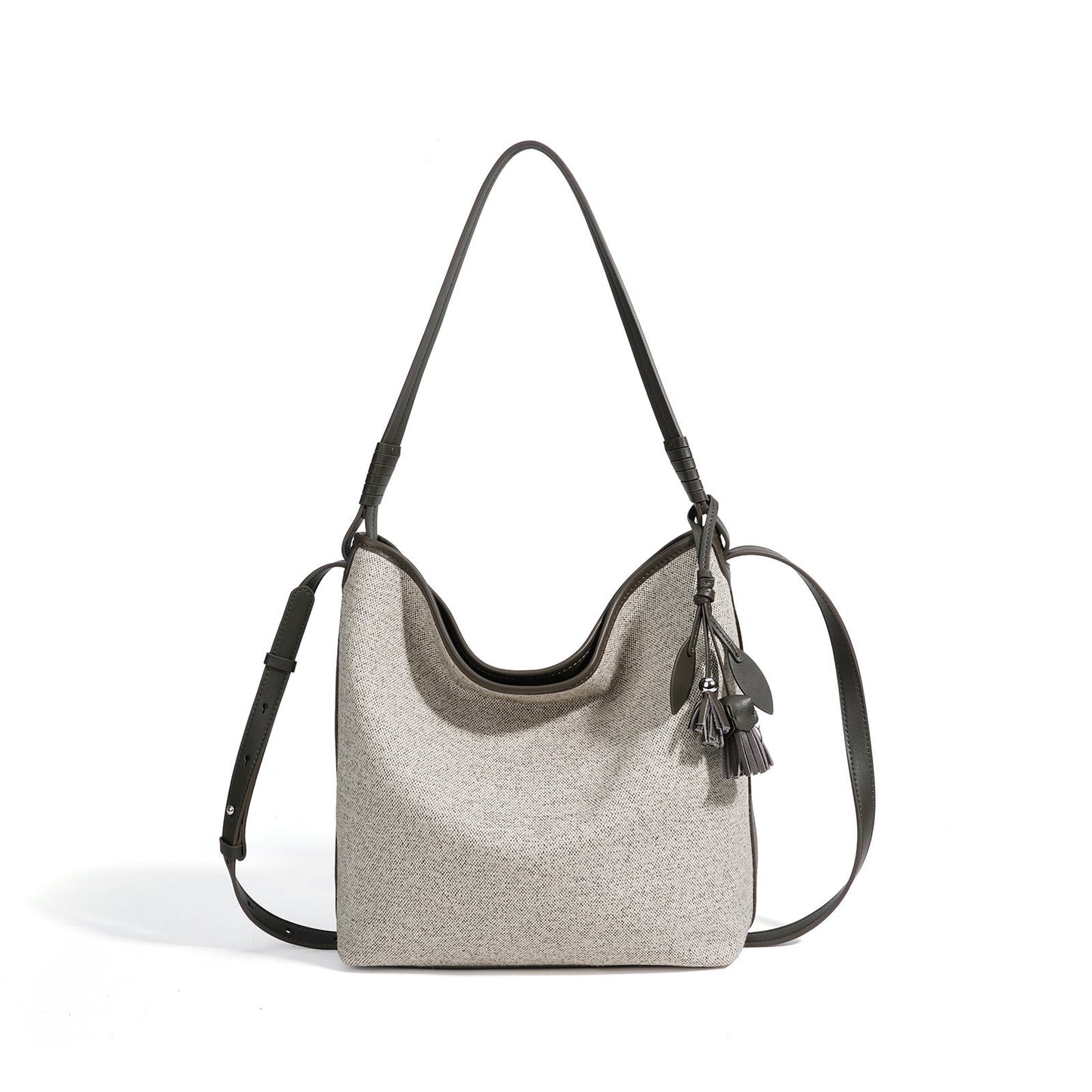 Women's Canvas Bucket Bag with Leather Trim and Tassel Charm