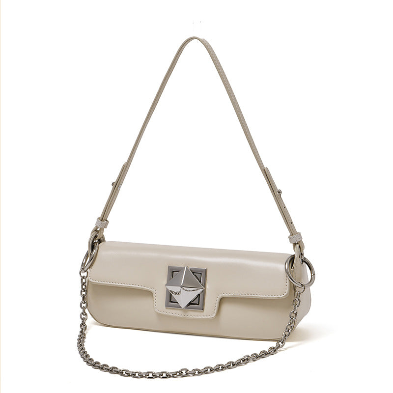 Women's Smooth Cowhide Silver-Buckle Baguette Shoulder Bag