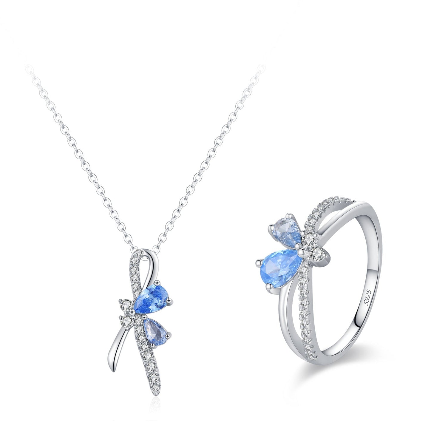 Azure Flutter Butterfly Jewelry Set with Blue Zircon in S925 Sterling Silver