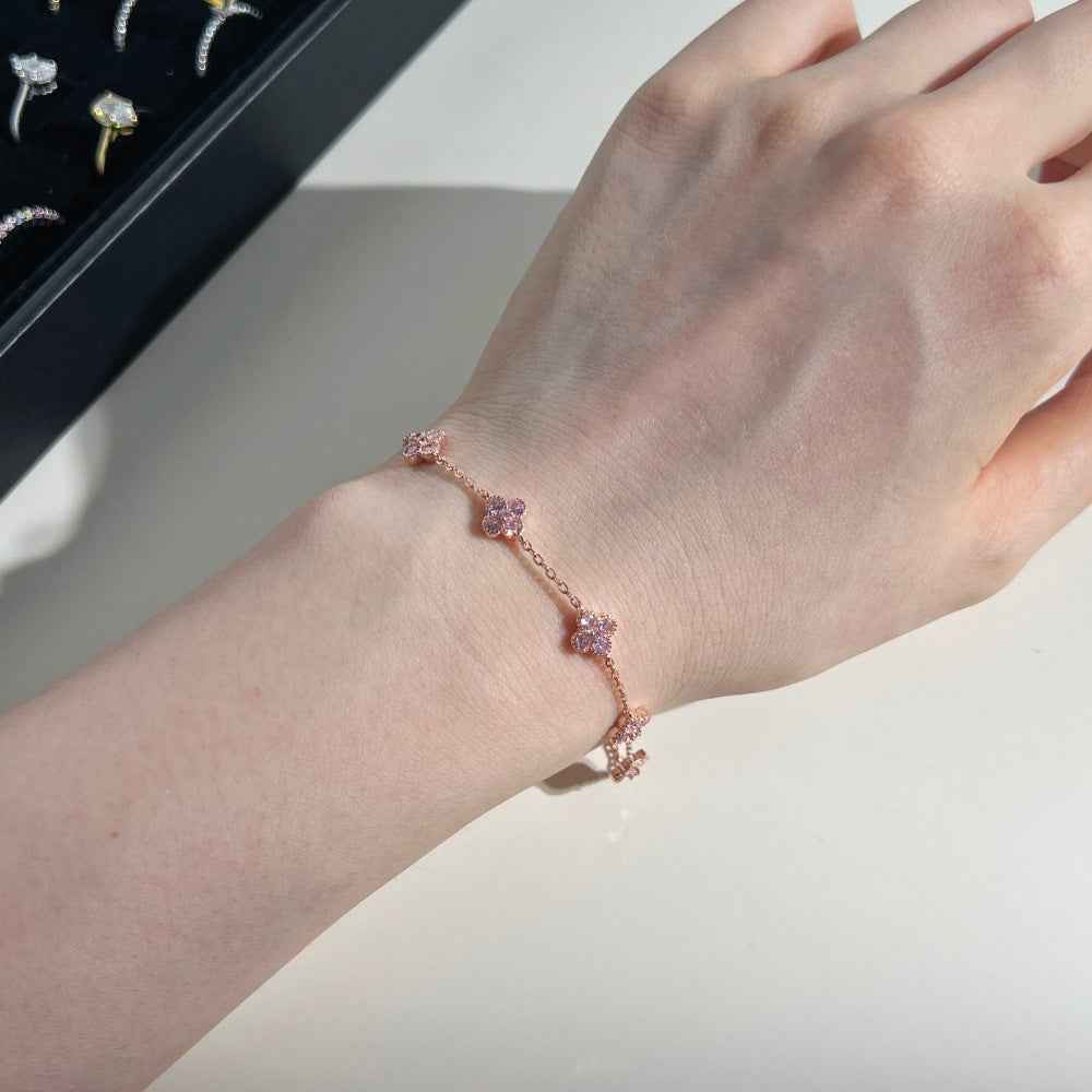 Roselle Clover S925 Sterling Silver Clover Zircon Charm Bracelet