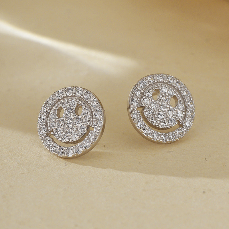 “Happy Spark” S925 Sterling Silver Zircon Pavé Smile Face Stud Earrings