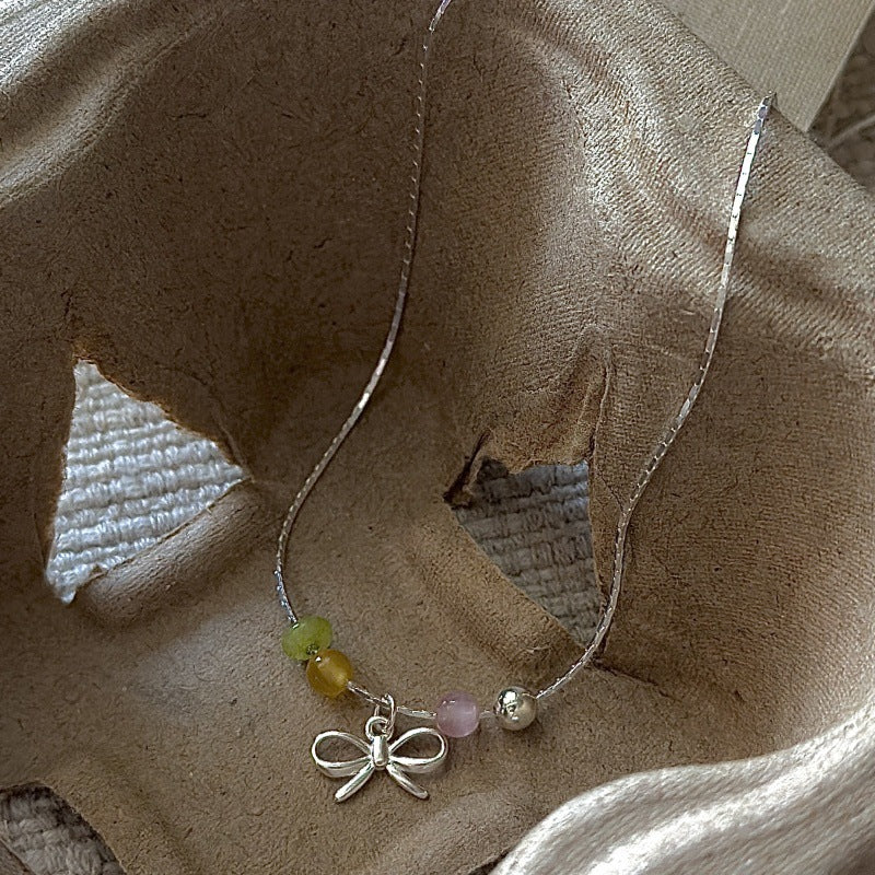 S925 Sterling Silver Colorful Bow Necklace Multicolor Beaded Cute Jewelry