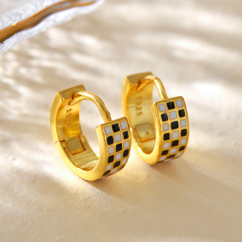 “Checkerboard Muse” S925 Sterling Silver Enamel Checkerboard Hoop Earrings