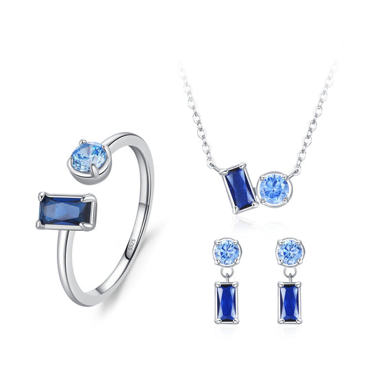 925 Sterling Silver Blue Square Shape and Round Stone Jewelry Set