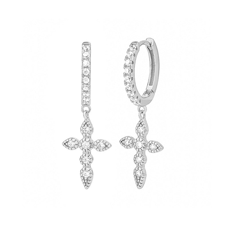 “Crosslight Vintage” S925 Sterling Silver Cross Drop Earrings with Sparkling Accents
