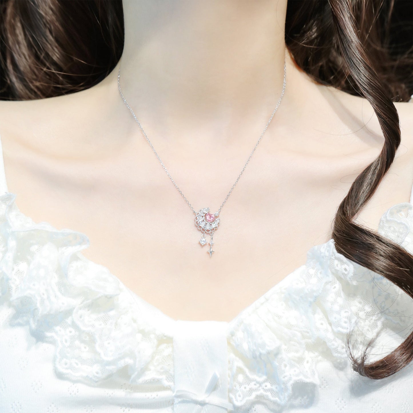 Moonlace Reverie S925 Silver Pink Heart Crescent Moon Charm Necklace