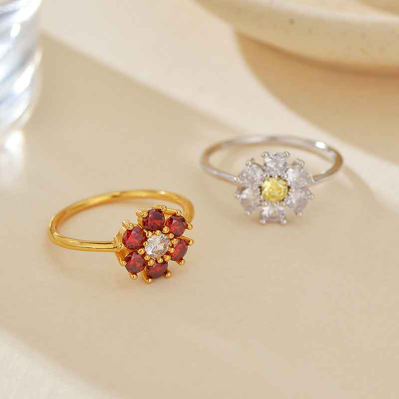Ruby Bloom S925 Sterling Silver Red Stone Floral Two-Tone Ring
