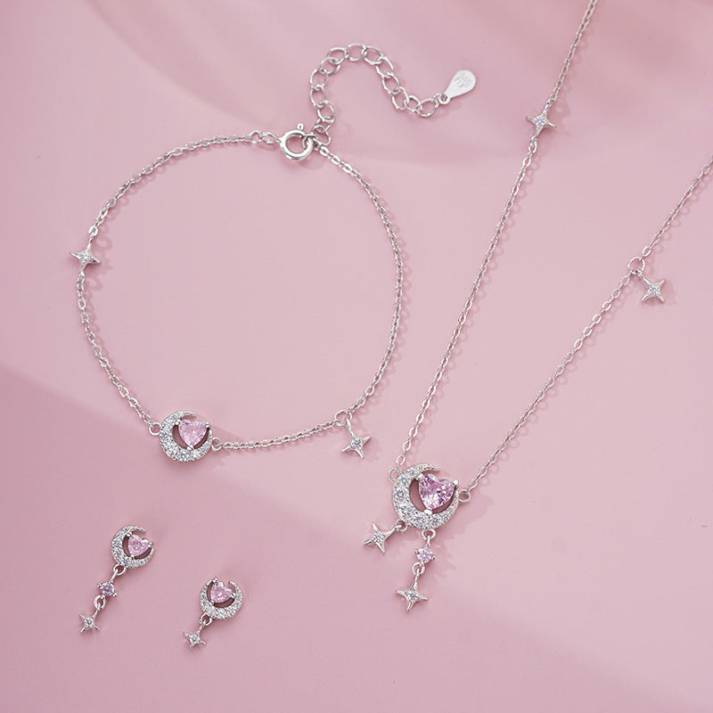 S925 Sterling Silver Heart Moon Star Jewelry Set Necklace Bracelet Earrings