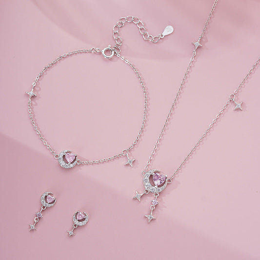 S925 Sterling Silver Heart Moon Star Jewelry Set Necklace Bracelet Earrings