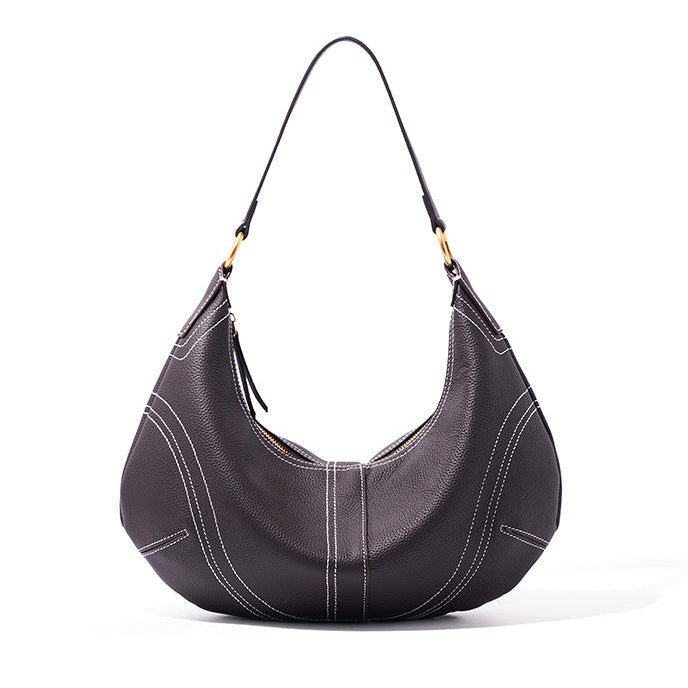 Women's Pebbled Cowhide Curved Hobo Bag with Contrast Stitching