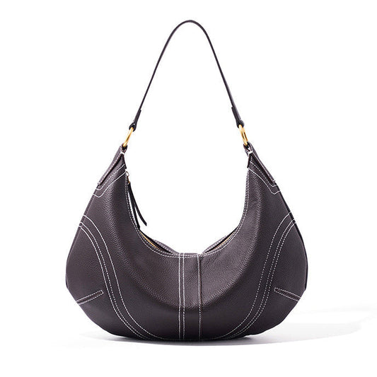 Women's Pebbled Cowhide Curved Hobo Bag with Contrast Stitching