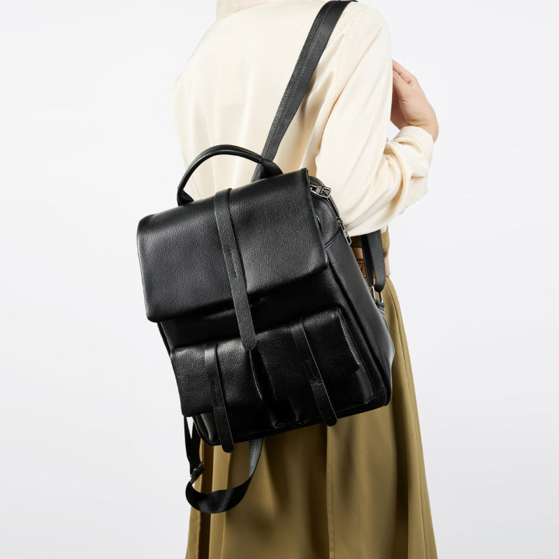Women's Pebbled Cowhide Flap Backpack with Multiple Pockets