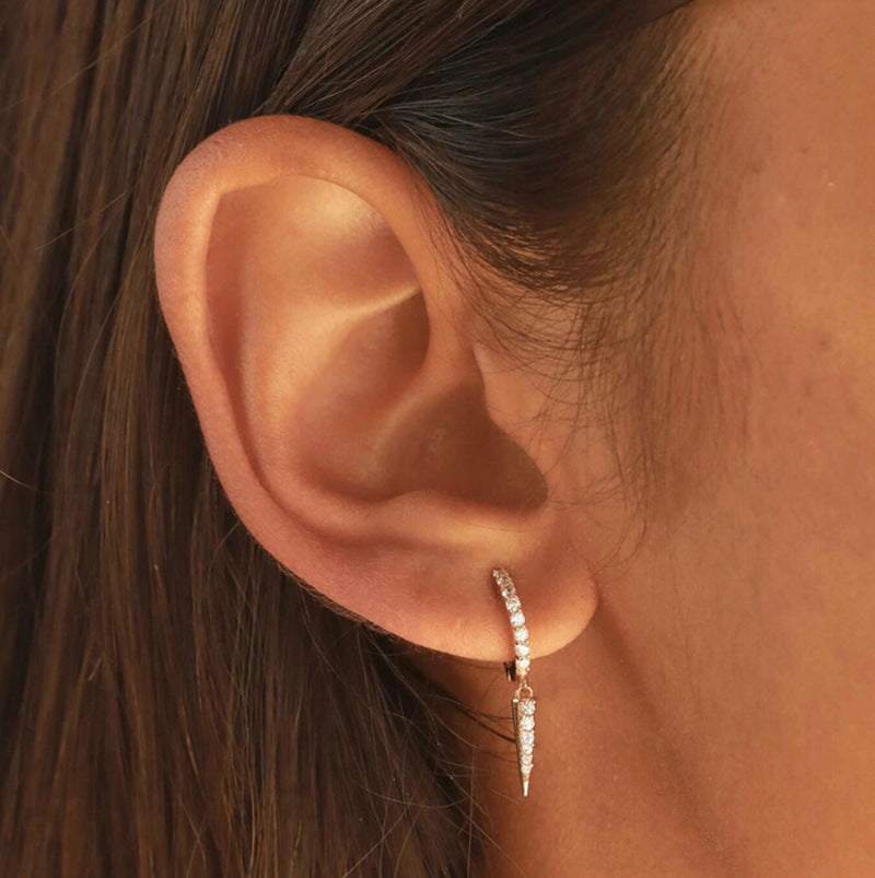 “Linear Stud Luxe” S925 Sterling Silver Zircon Geometric Hoop Earrings