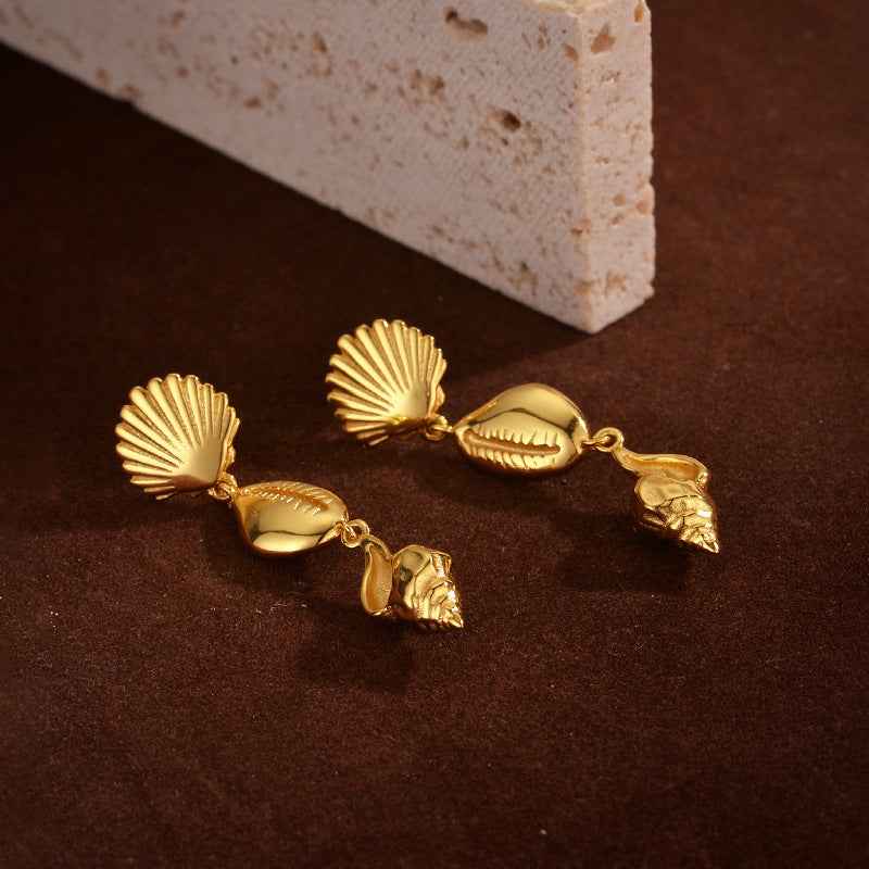 18K Gold Plated 925 Sterling Silver Golden Seashell Symphony Drop Earrings