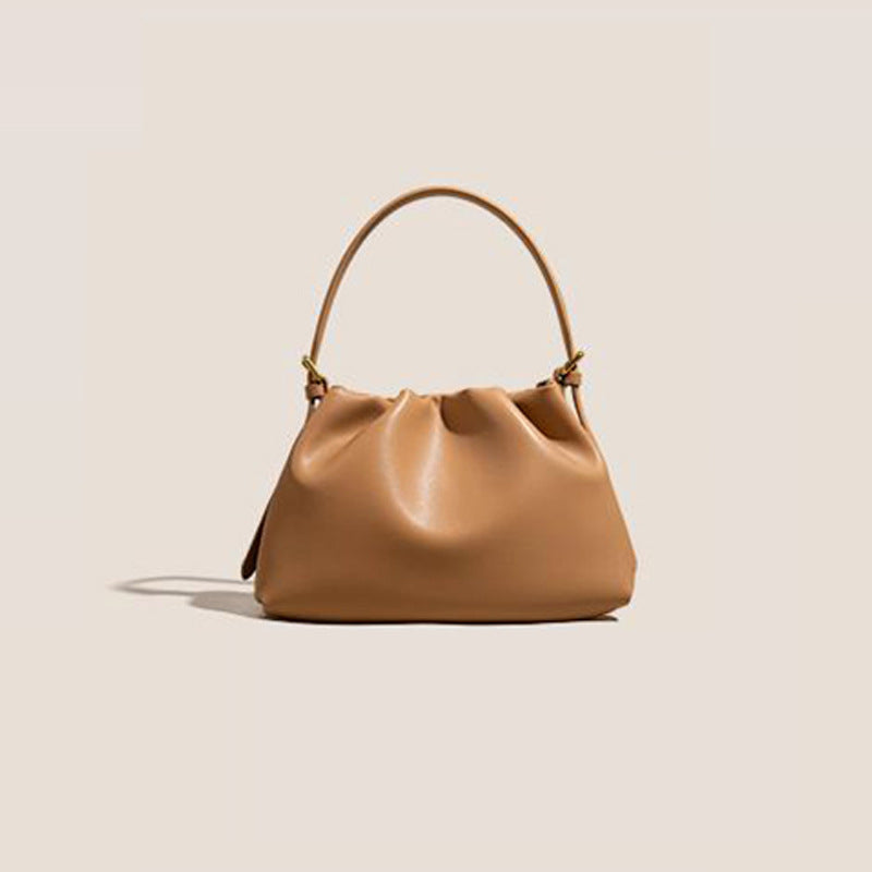 Women's Genuine Leather Ruched Cloud Clutch Bag with Detachable Strap