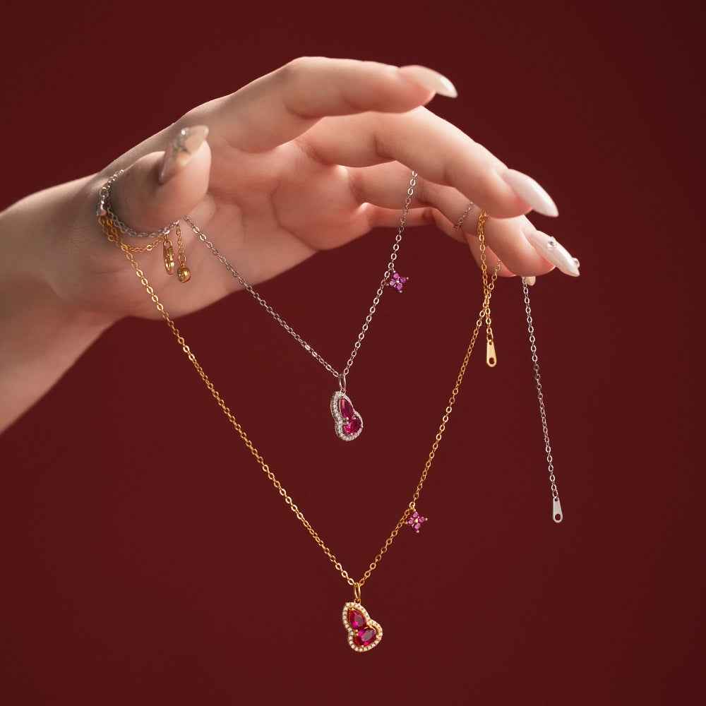 Crimson Gourd Double Drop Necklace with Red Zircon in S925 Sterling Silver