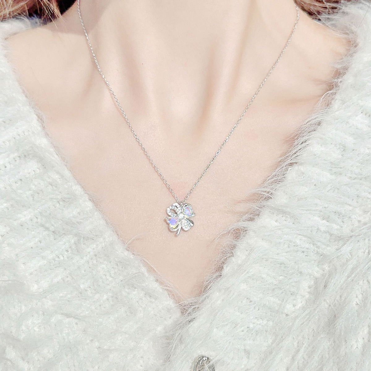 Dream Clover Opal Four Leaf Clover Necklace with Zircon in S925 Sterling Silver