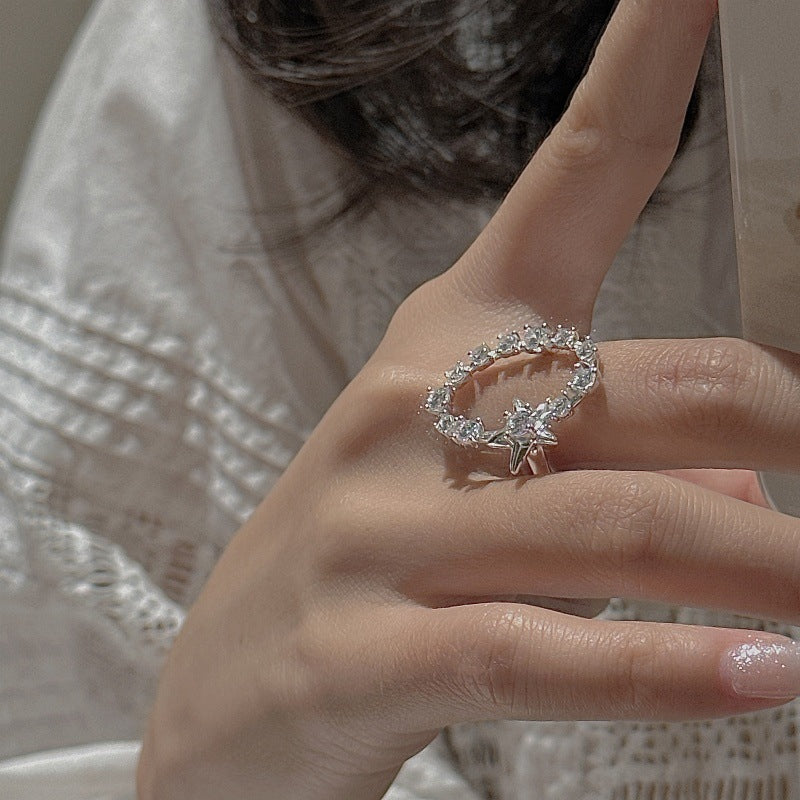S925 Sterling Silver Starlit Charm Ring Adjustable Star Zircon Open Ring