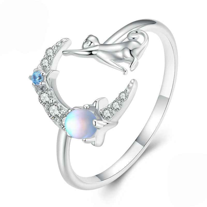 Moonlit Kitty S925 Silver Moonstone Cat Crescent Adjustable Ring