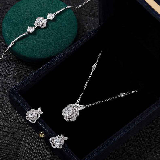 925 Sterling Silver Moissanite Rose Jewelry Set – Rose Éternelle