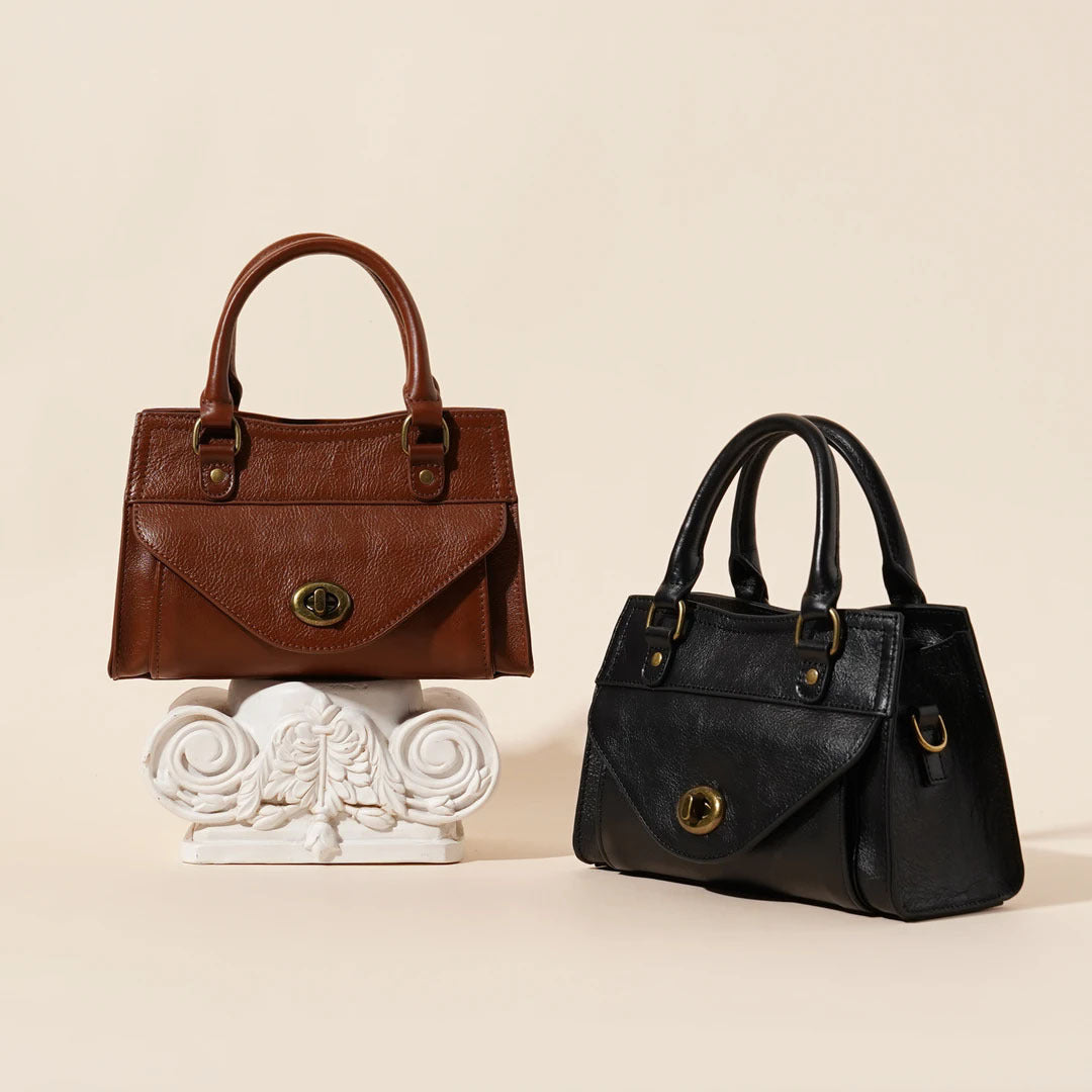 Women's Oil-Waxed Cowhide Turnlock Mini Top Handle Bag