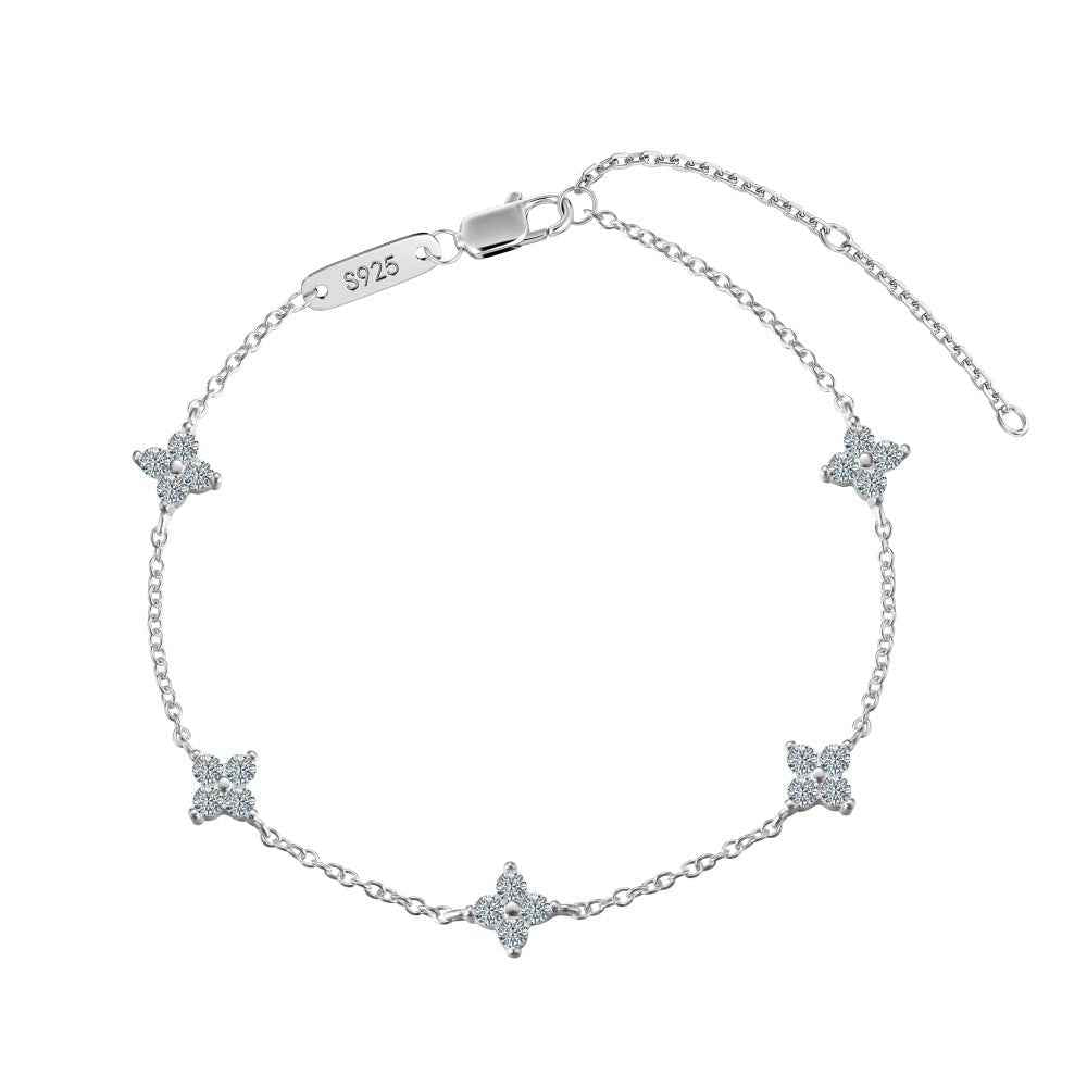 925 Sterling Silver Lucky Petal Clover Moissanite Zircon Bracelet Adjustable