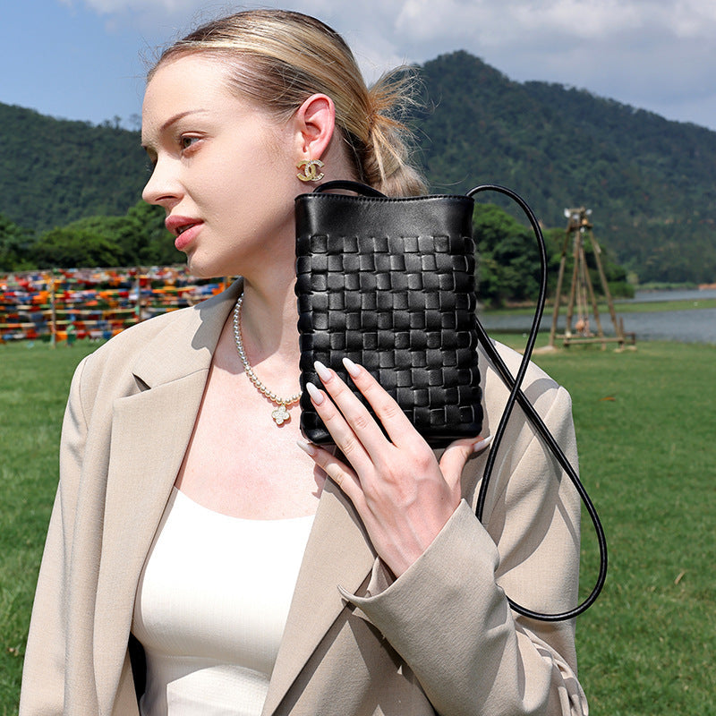 Women's Woven Sheepskin Mini Phone Bag with Adjustable Strap