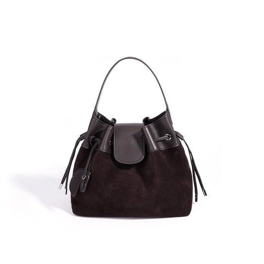 Women's Suede Leather Drawstring Bucket Bag with Horse Charm