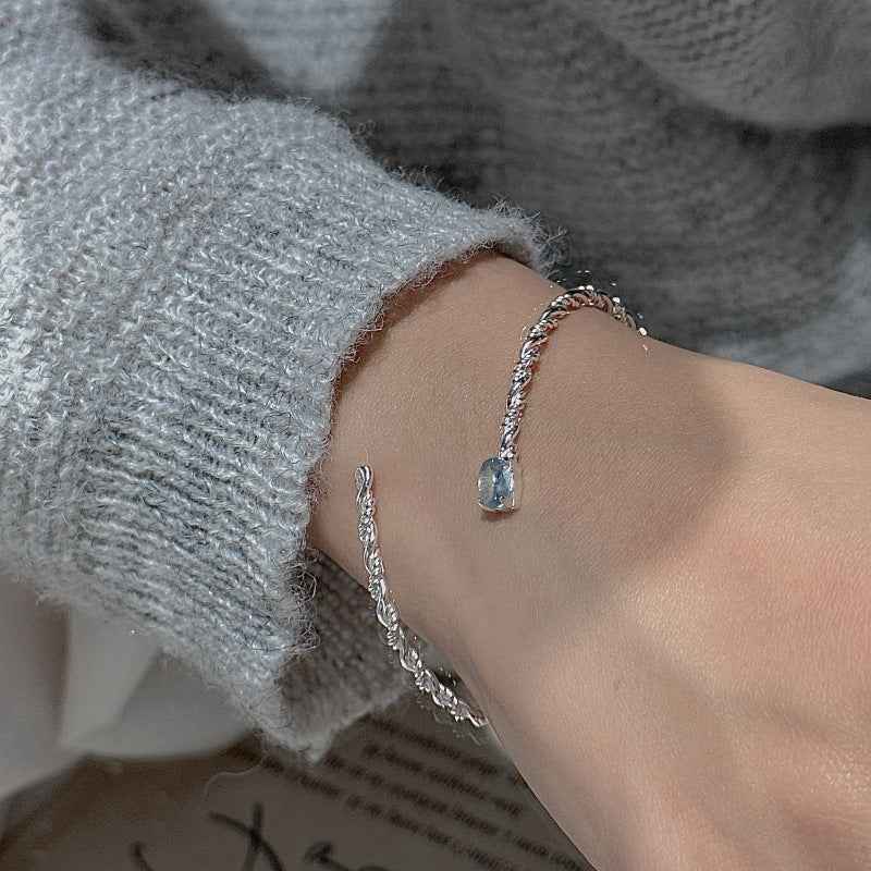 S925 Sterling Silver Blue Mist Aquamarine Open Bangle Bracelet Twisted Vine Design