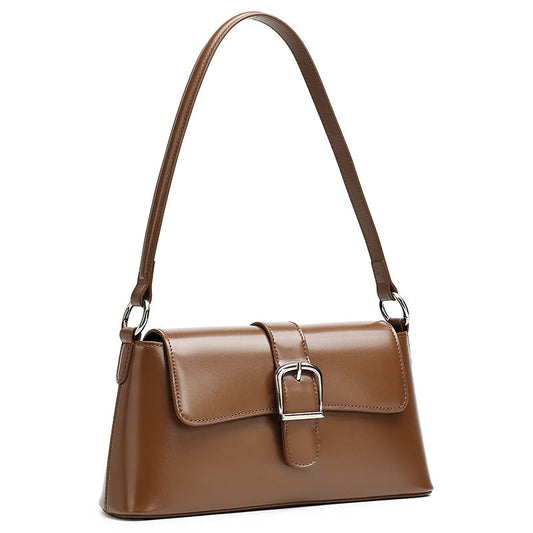 Women's Genuine Leather Vintage Baguette Shoulder Bag with Buckle