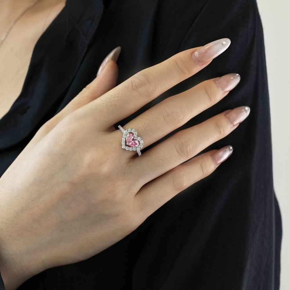 925 Sterling Silver Pink Double-Heart Halo Ring – Twin Blush Halo