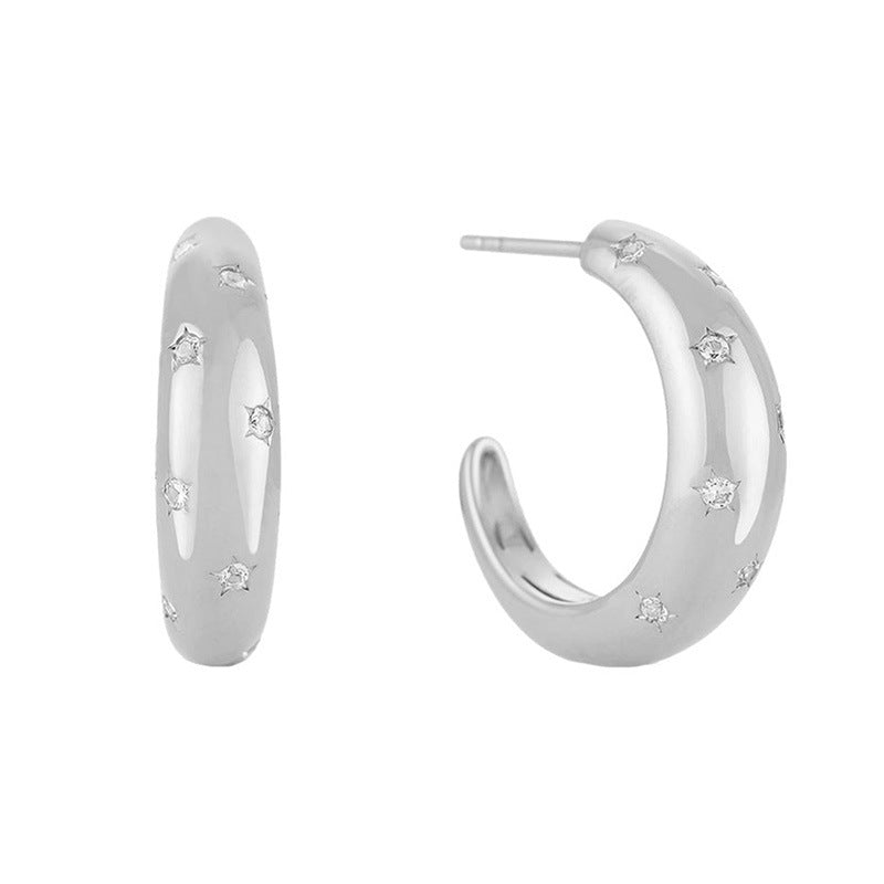 “Ciel Etoile” S925 Sterling Silver Pavé C-Hoop Earrings