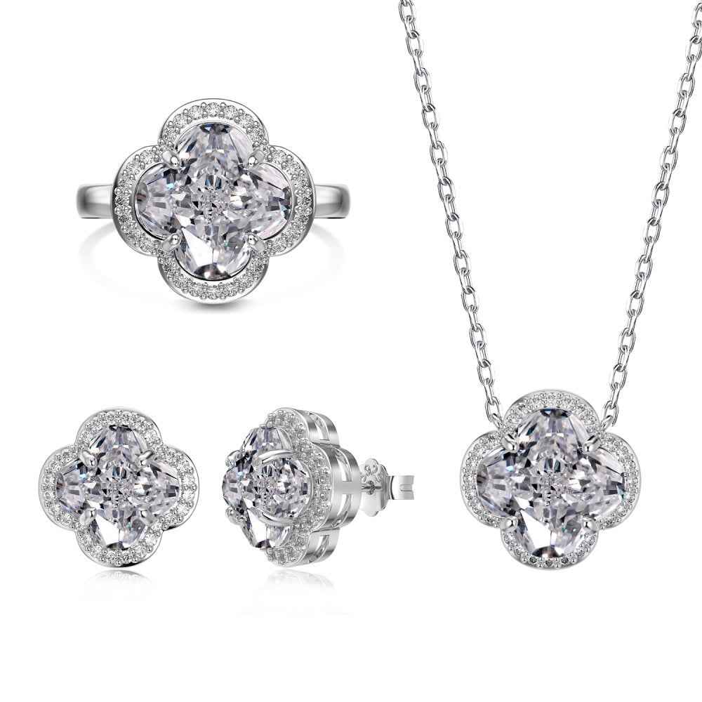 Clover Brilliance Pavé Clover Jewelry Set with Zircon in S925 Sterling Silver