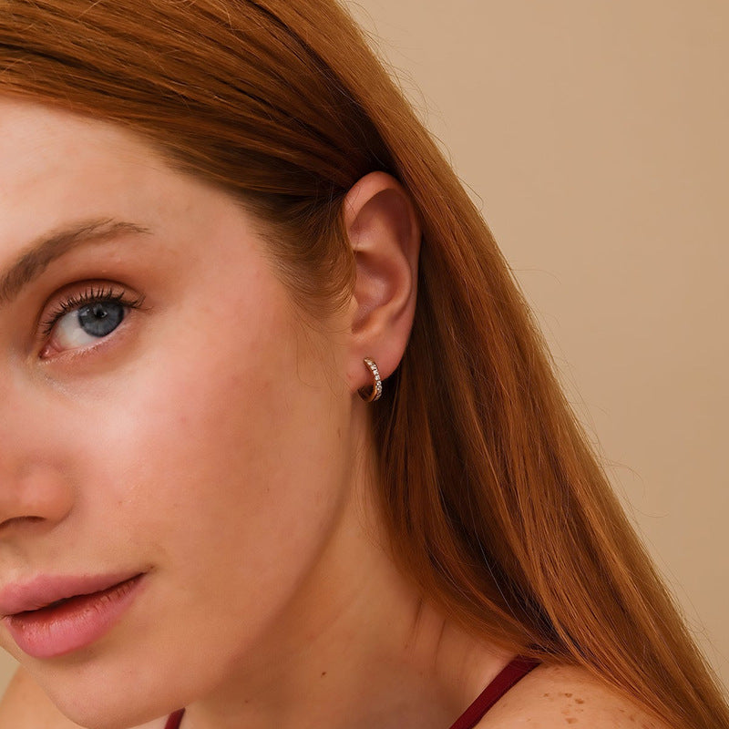 “Crossline Spark” S925 Sterling Silver Single-Row Pavé Hoop Earrings