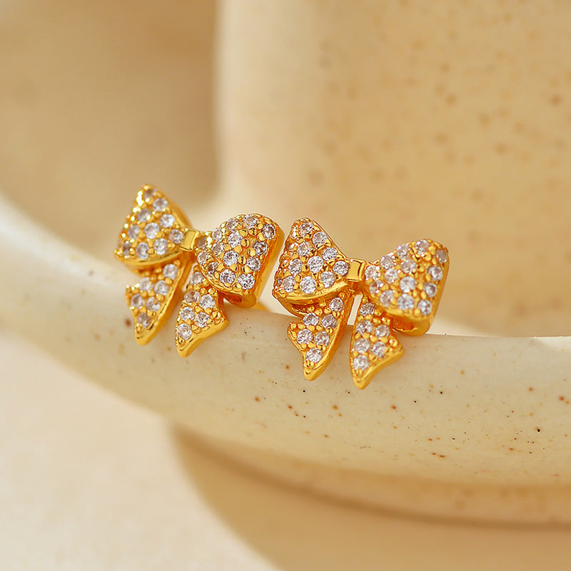 “Bow Belle Spark” S925 Sterling Silver Zircon Bow Stud Earrings