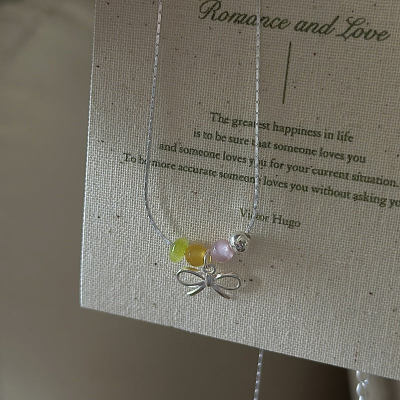 S925 Sterling Silver Colorful Bow Necklace Multicolor Beaded Cute Jewelry