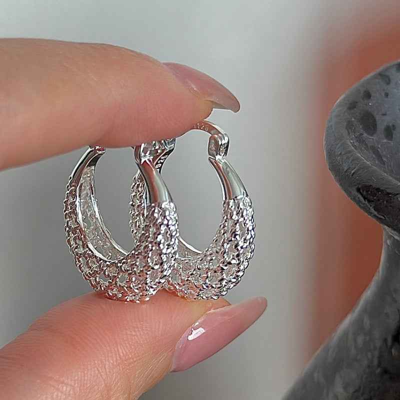 Silver Weave Textured Hoop Earrings, S925 Sterling Silver Jewelry