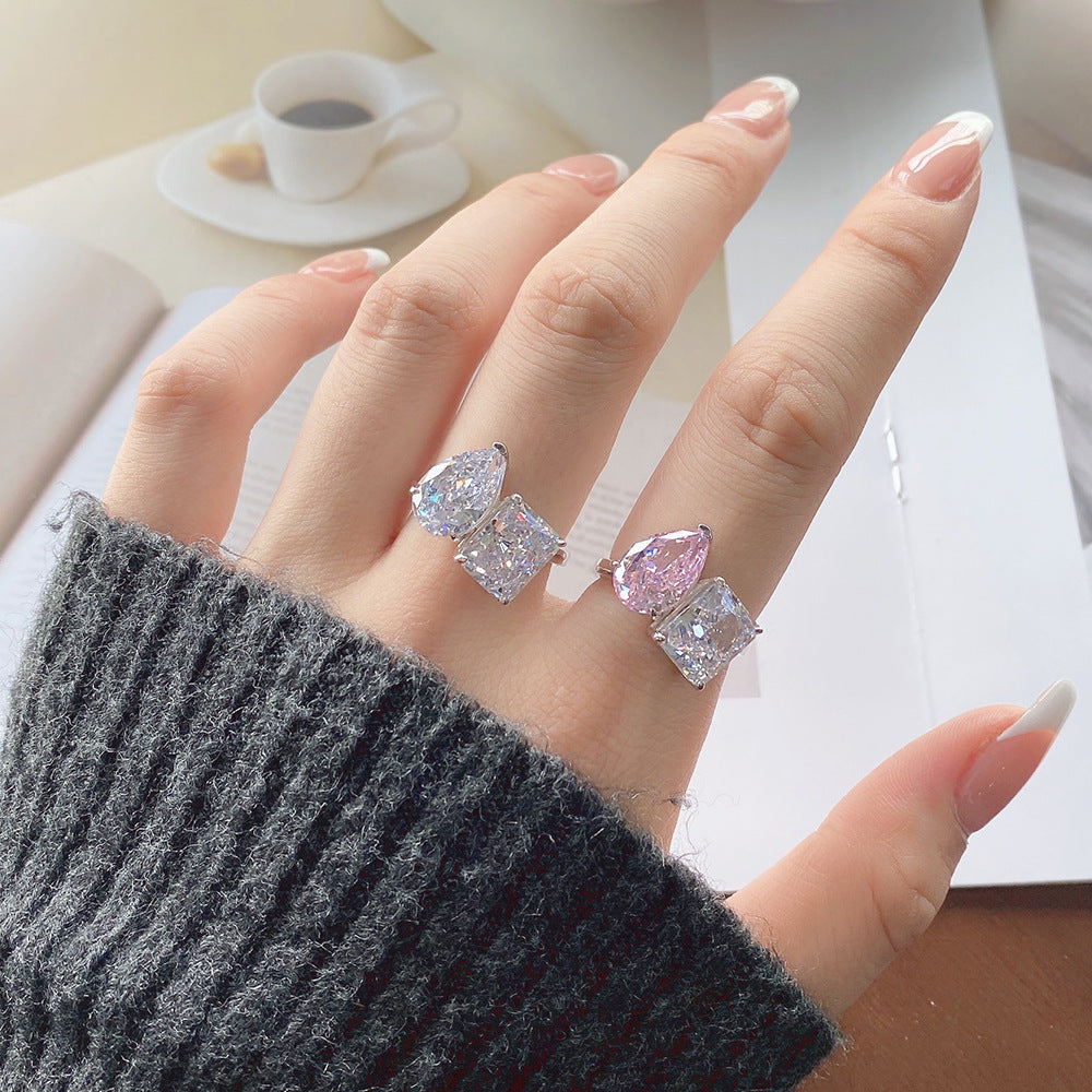 S925 Sterling Silver Radiant Duo Ring 8A Zircon Square Teardrop Design