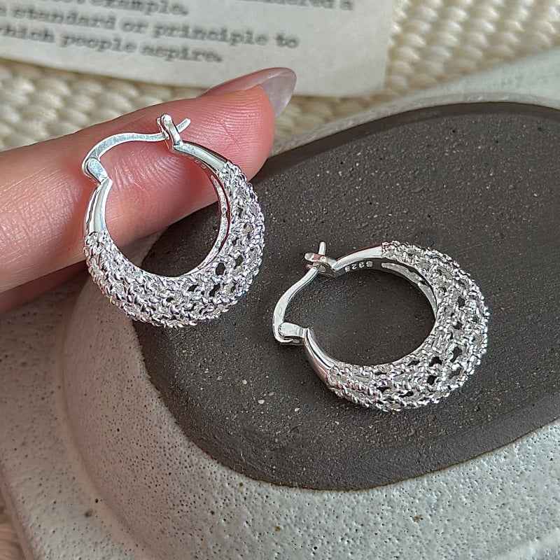 Silver Weave Textured Hoop Earrings, S925 Sterling Silver Jewelry