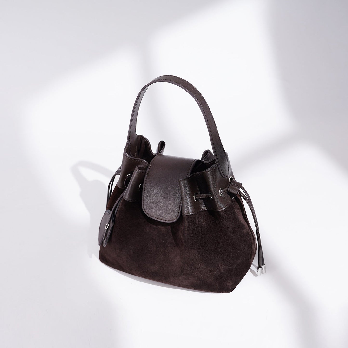Women's Suede Leather Drawstring Bucket Bag with Horse Charm