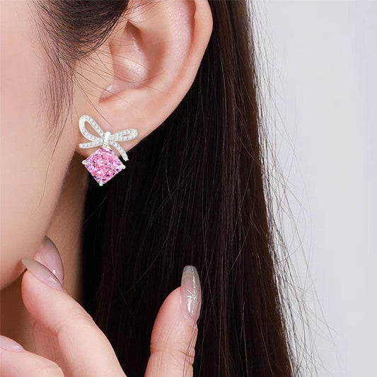 Blush Ribbon Pink Bow Jewelry Set S925 Sterling Silver Necklace Earrings