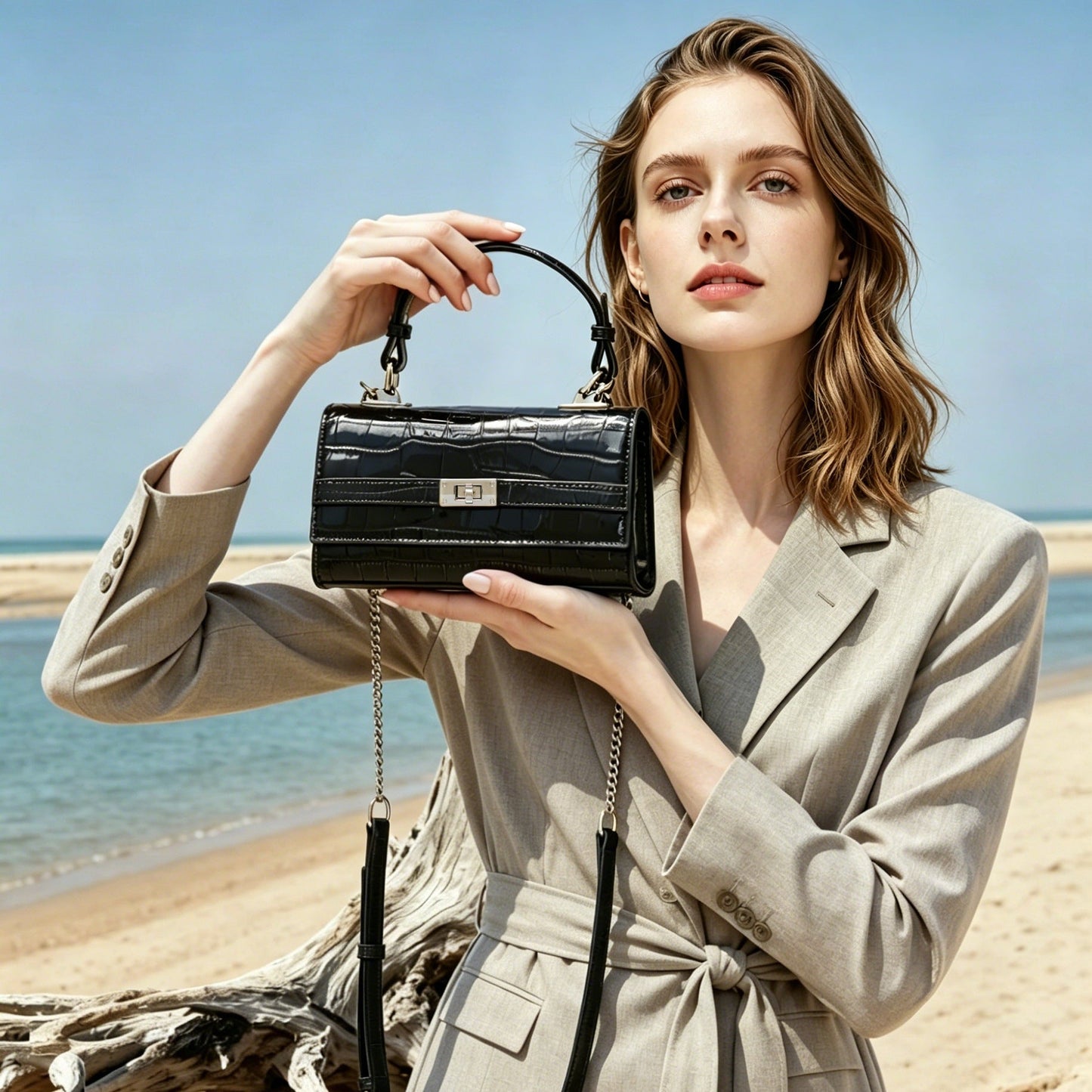 Women's Glossy Croc Cowhide Twist-Lock Envelope Bag