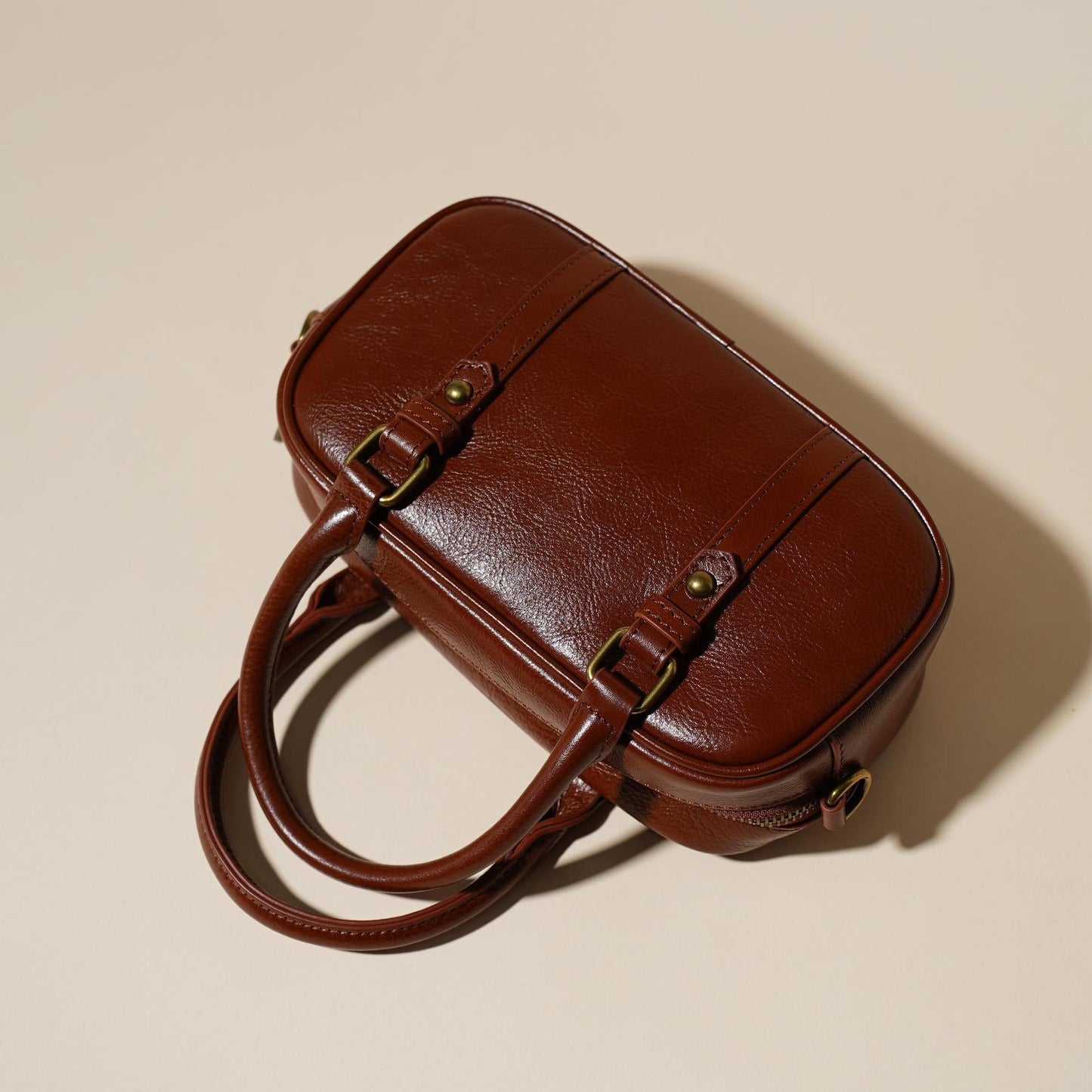Women's Oil-Waxed Cowhide Mini Boston Bag with Top Handle