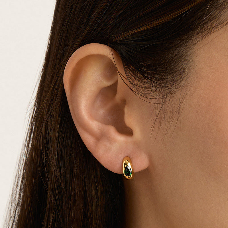 “Emerald Teardrop” S925 Sterling Silver Green Zircon Huggie Hoop Earrings